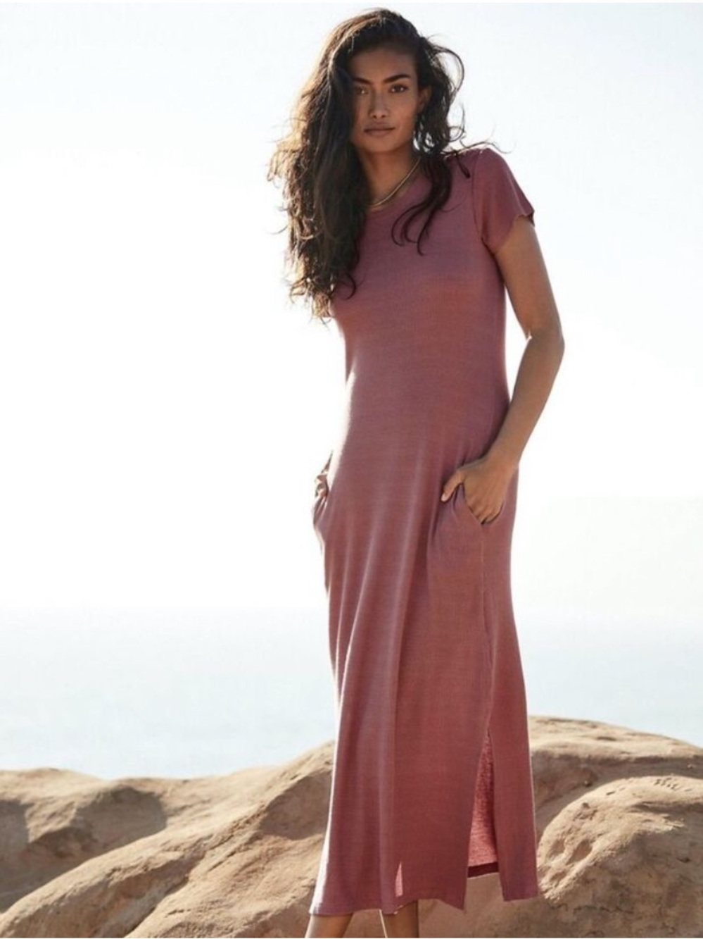 Anthropologie Emma Waffle Knit Maxi Side Slit Short Sleeve Tee Dress Mauve